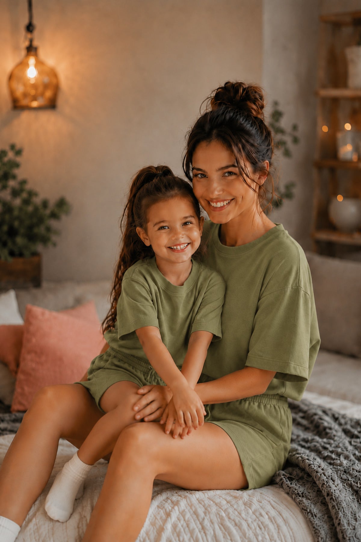 Anne Çocuk Kisa Kollu Oversize Esnek Rahat Beli̇ Bağcikli Modern Kesi̇m Trend Yazlik Günlük Alt Üst Takim - Yeşil - 2