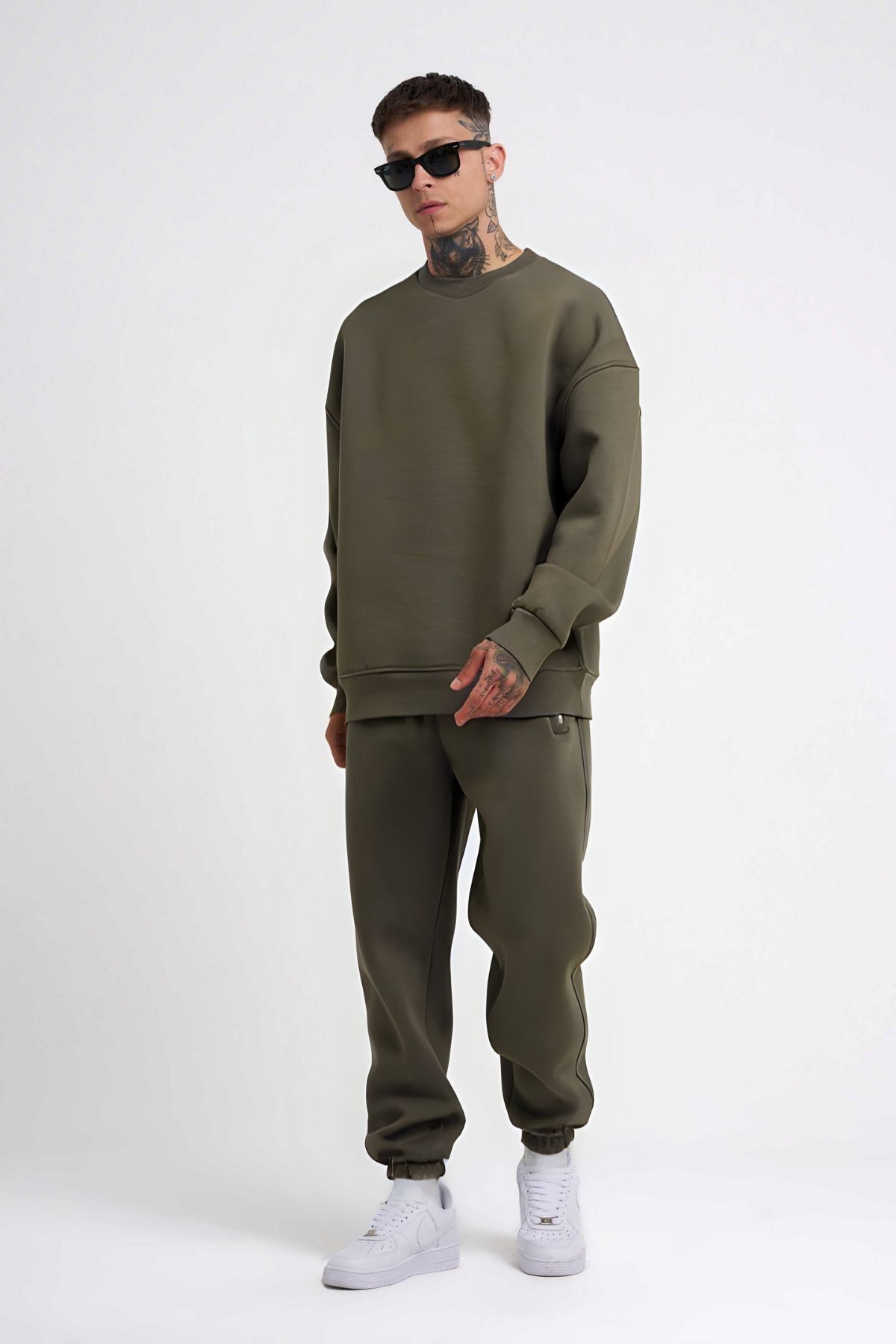 Erkek Bisiklet Yaka Oversize Spor Eşofman Takımı - Haki - 1