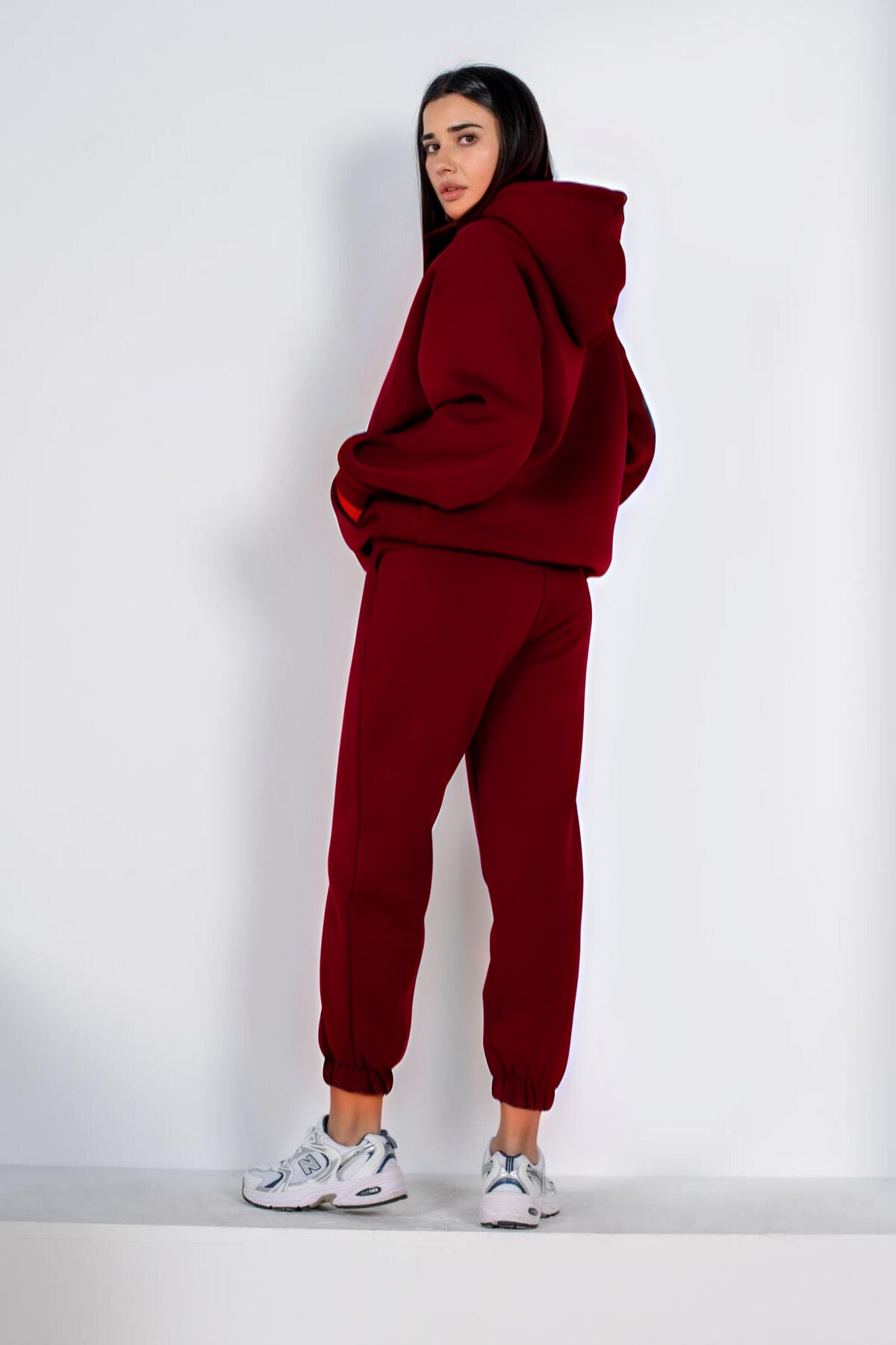 Kadın Düz Tek Renk 3 İ̇plik Kışlık Oversize Kesim Rahat Kalıp Günlük Casual Eşofman Takımı - Bordo - 3