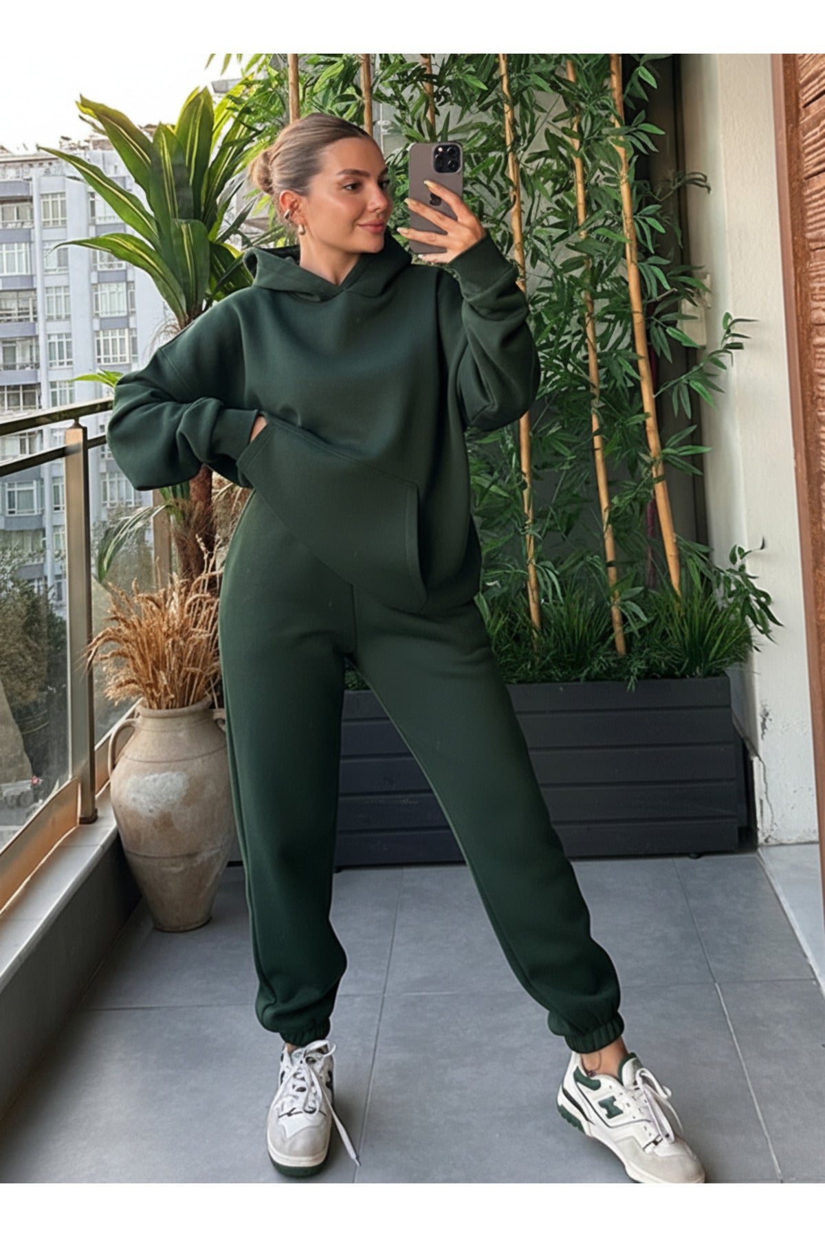 Kadin Kalin Comfort Sweatshi̇rt Yüksek Bel Eşofman Takimi - Koyu Yeşil - 2