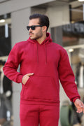 Erkek Bol Kesim Oversize 3 İ̇plik İ̇çi Pamuklu Şardonlu Kanguru Cep Kapşonlu Kışlık Hoodie Sweatshirt - Bordo - 1