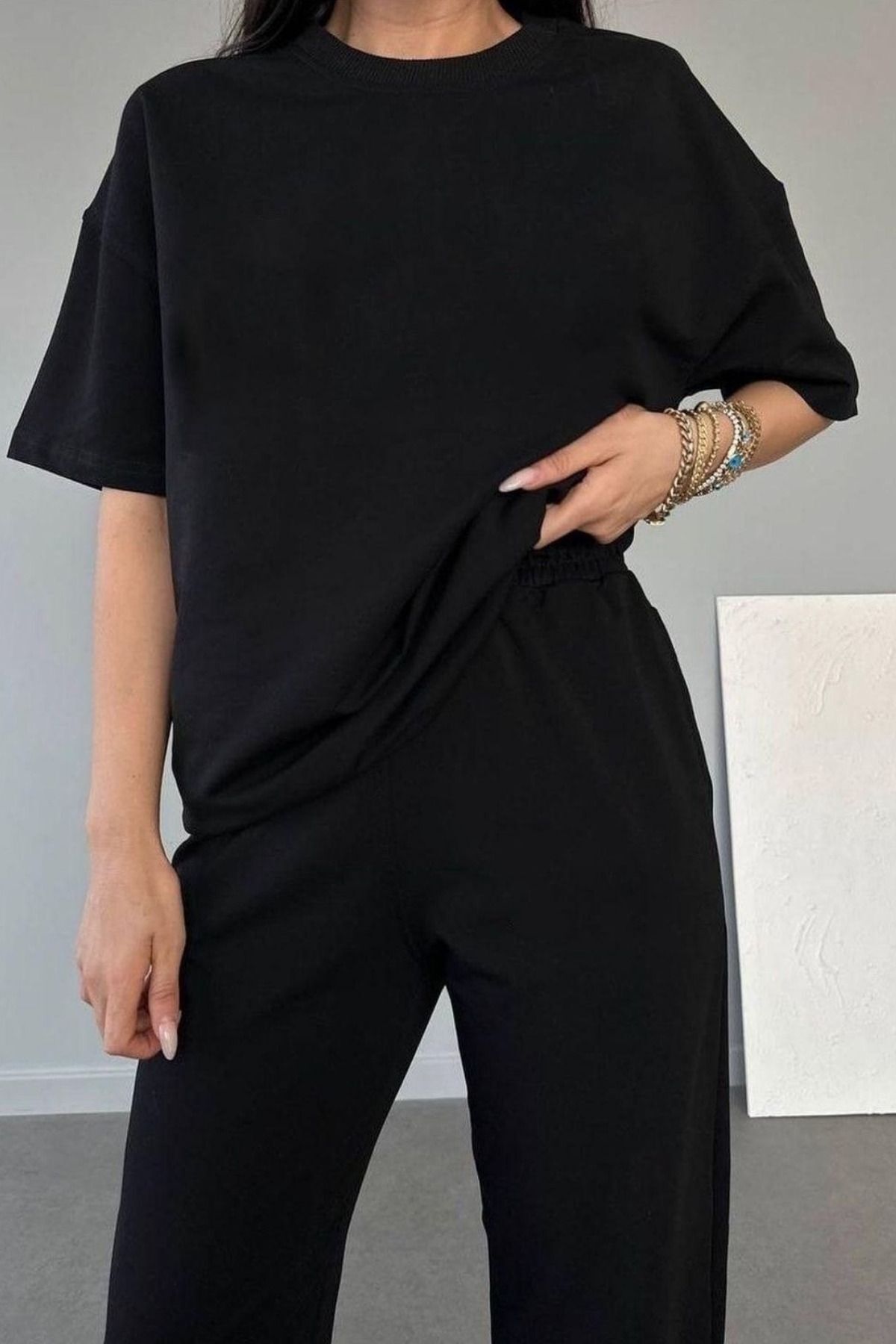 Kadın Penye Oversize Pijama Takımı - Siyah - 2