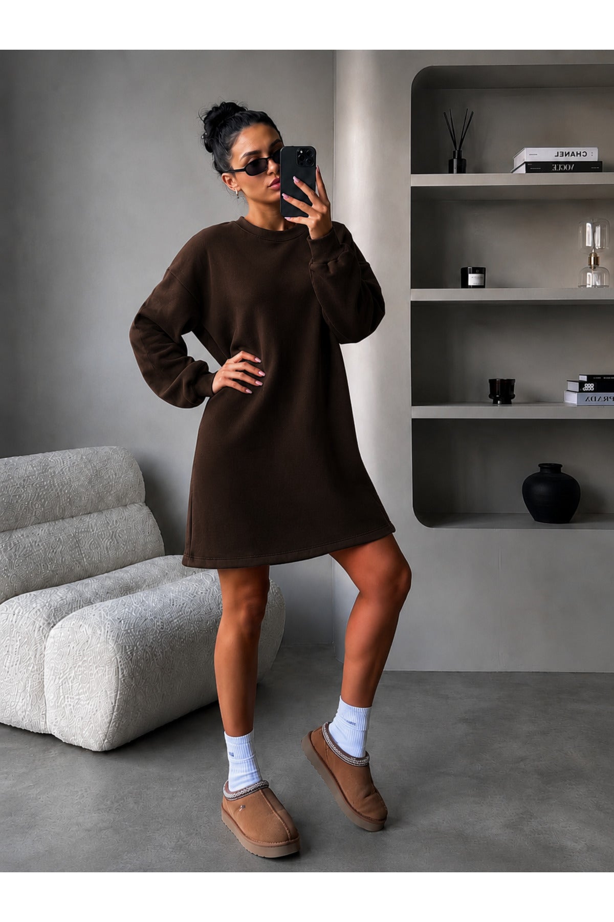 Kadin 3 İ̇pli̇k Yeni̇ Uzun Kollu Bi̇si̇klet Yaka Rahat Sweatshirt Elbi̇se - Kahverengi - 1