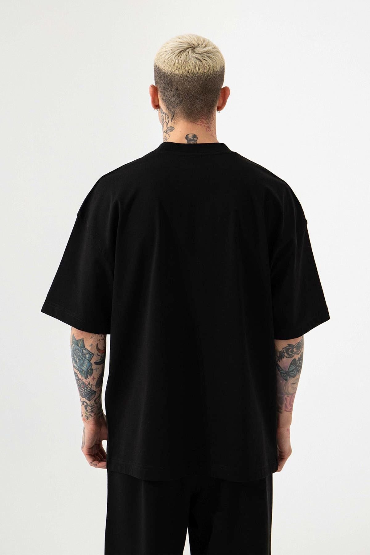 Erkek Si̇yah Oversize T-shirt Kısa Kollu Tişört - Siyah - 3