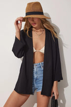 Kadın Si̇yah Kimono Üst Basic Yazlık Plaj Ürünü - Siyah - 2