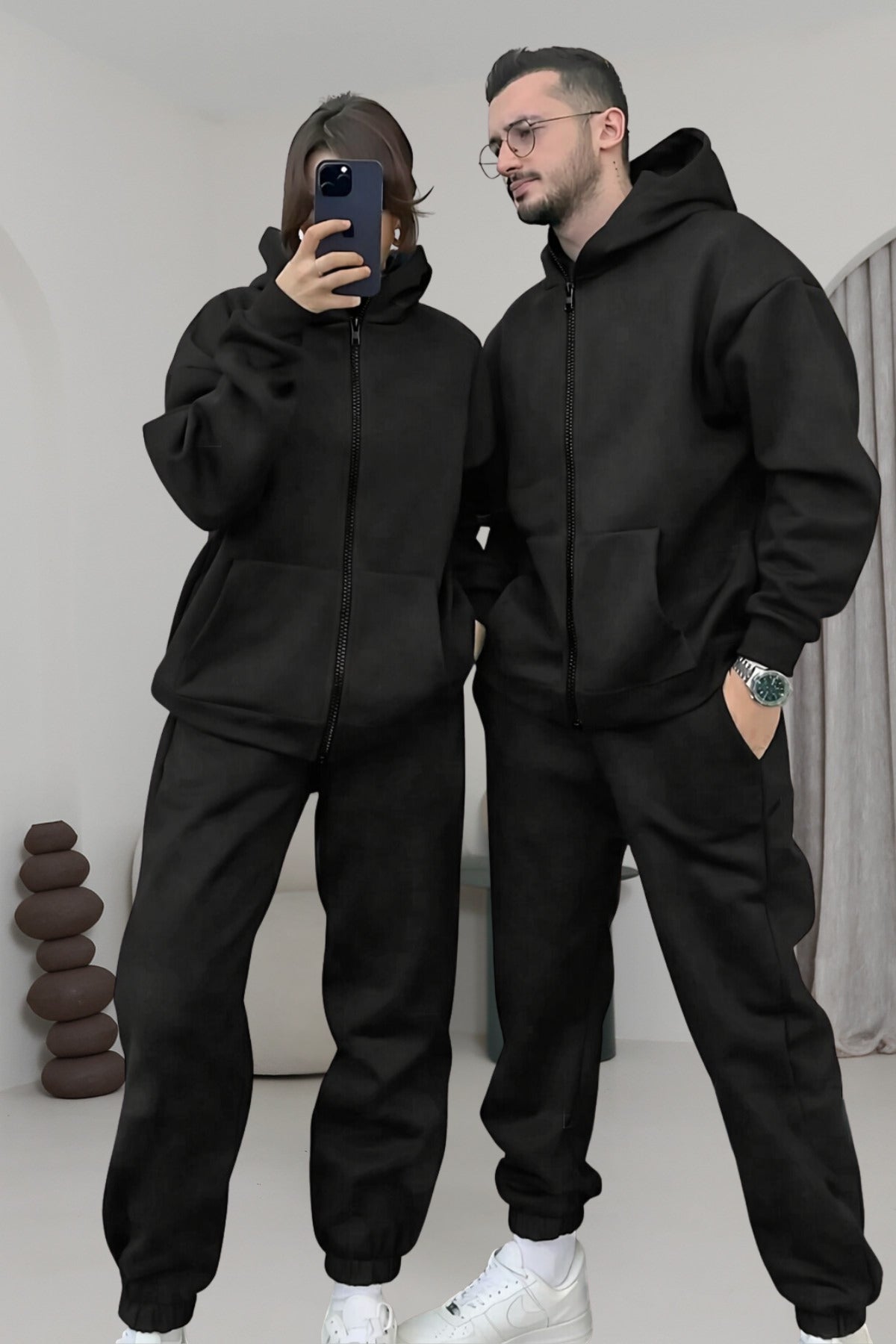 Çiftlere Özel Basic Oversize Kapşonlu Eşofman Takımı - Siyah - 1