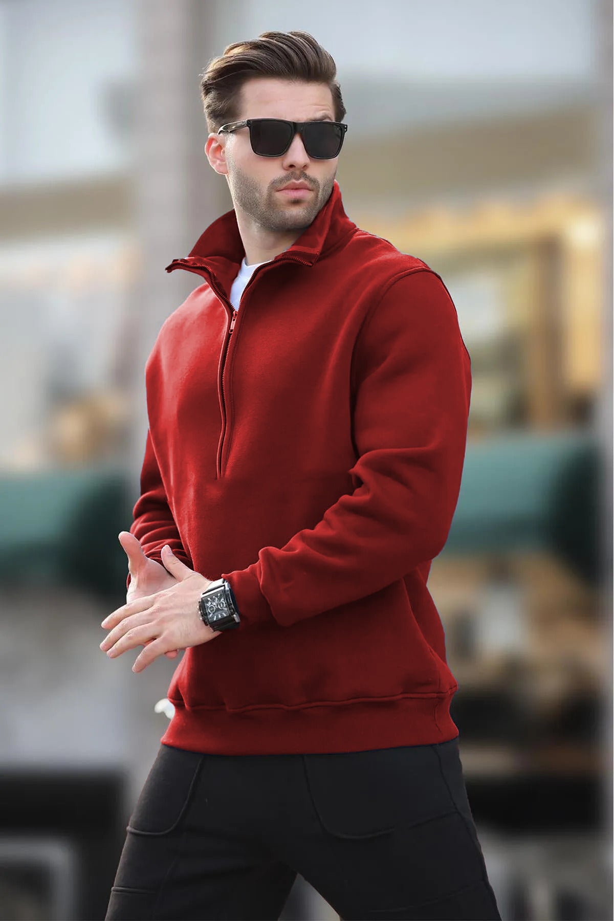 Erkek Yarım Fermuarlı Dik Yaka Oversize 3 İ̇plik Şardonlu Sweatshirt - Kırmızı - 3