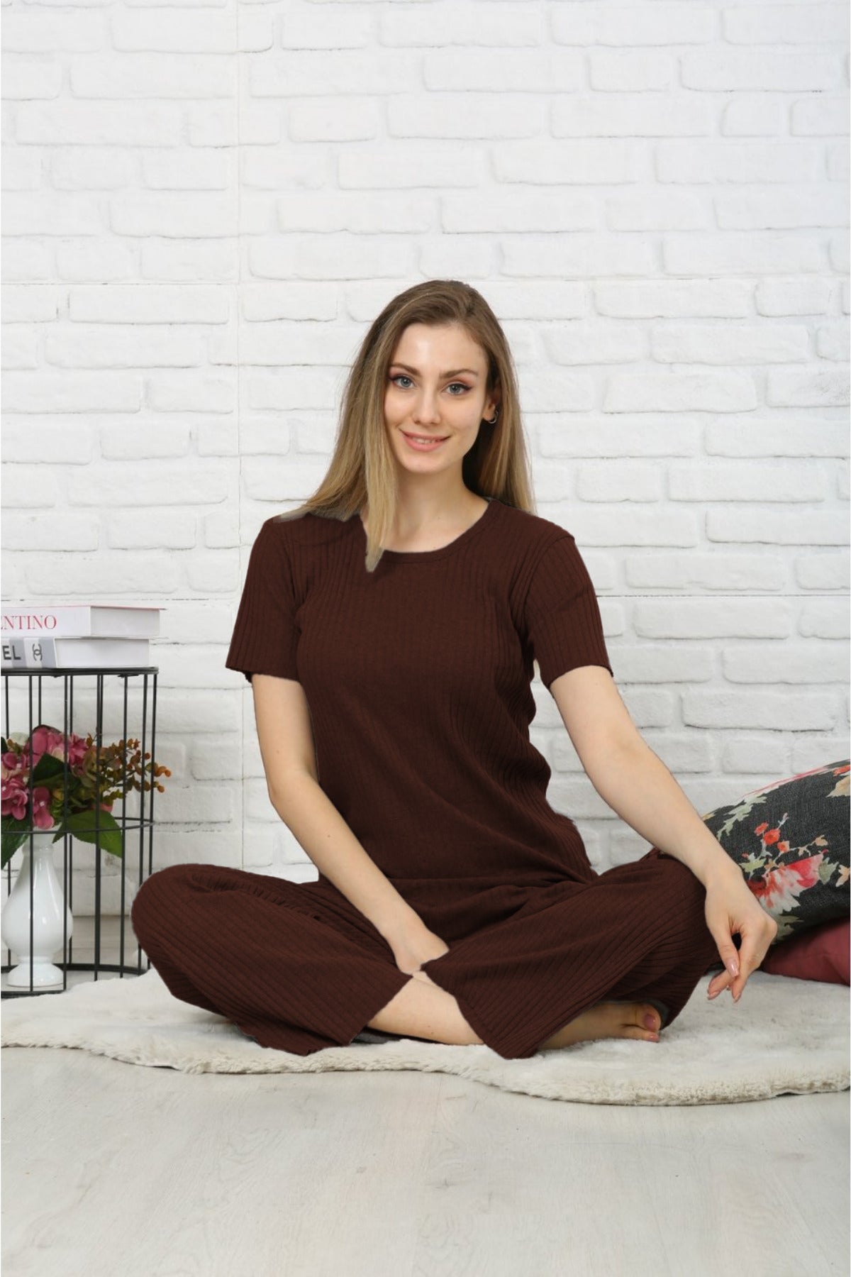 Kadın Yeni Basic Yazlık Kaşkorse Salaş Şık Fitilli Takım - Kahverengi - 2