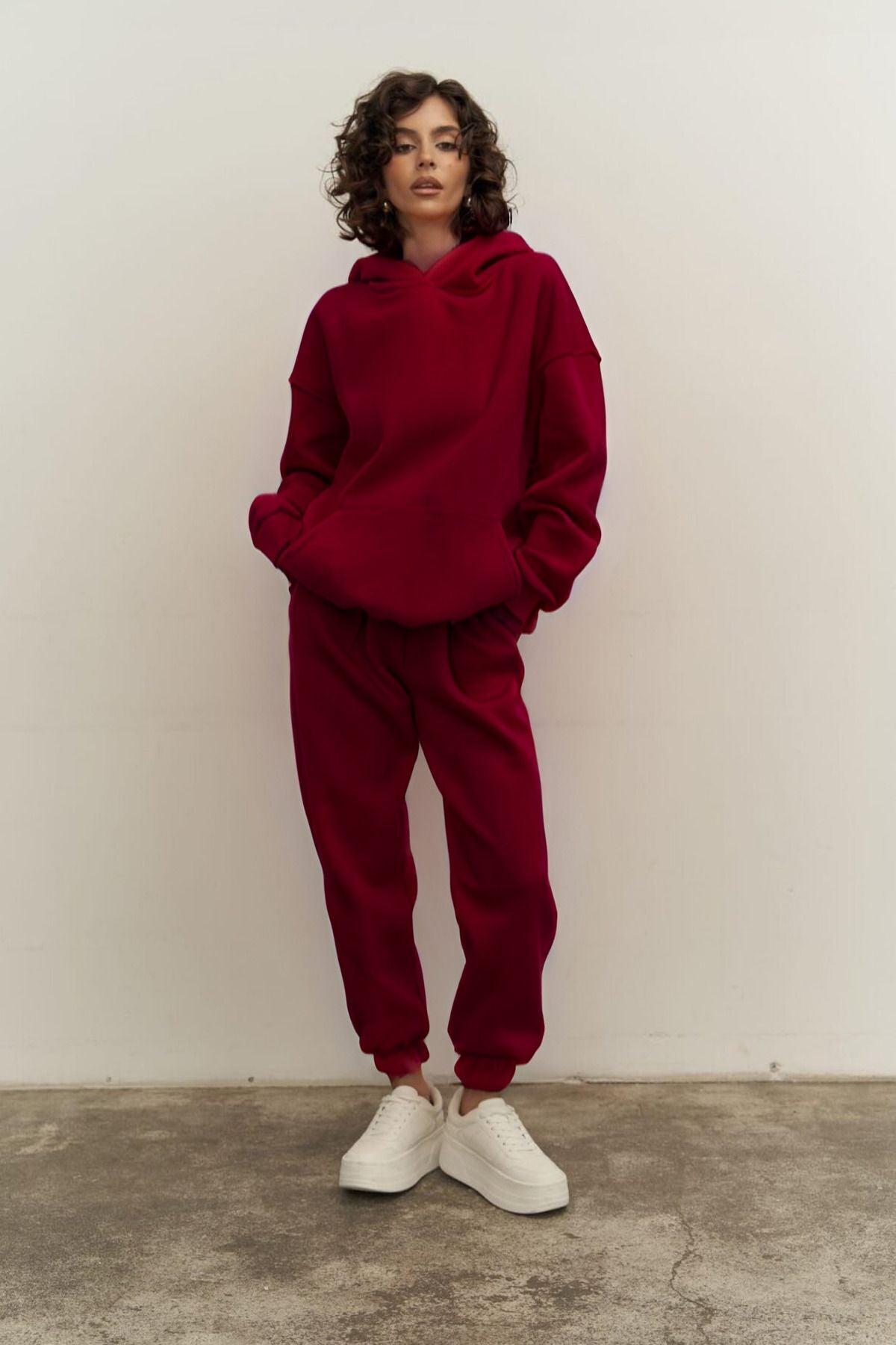 Kadın Eşofman Takımı Sweatshirt Jogger Bordo Oversize Şardonlu Kapüşonlu - Bordo - 2