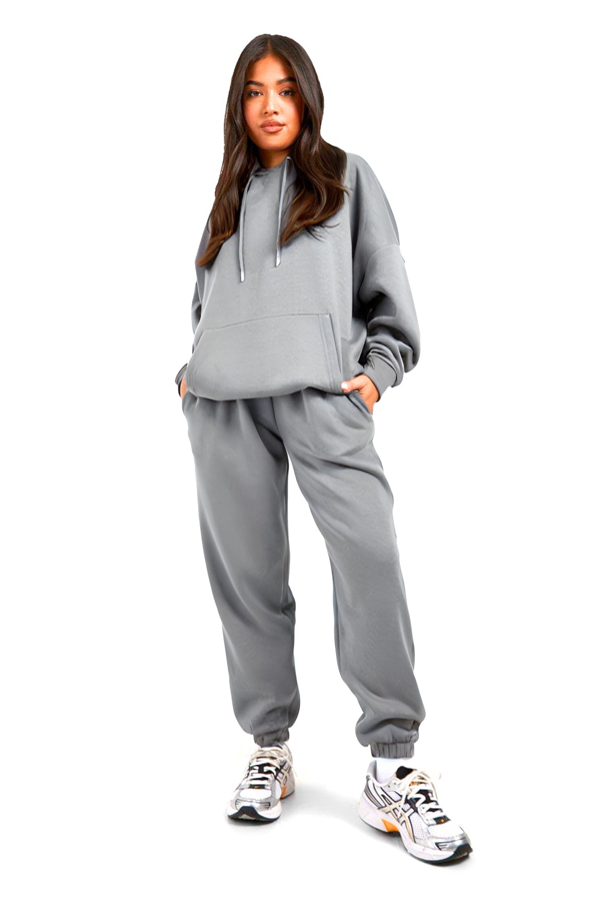 Kadın 3 İ̇plik Kanguru Cep Kapşonlu Hoodie Paçası Lastikli Kalın Eşofman Takımı - Gri - 2