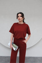 Kadın Kısa Kollu Penye Esnek Süper Yüksek Bel Takım - Kırmızı - 2