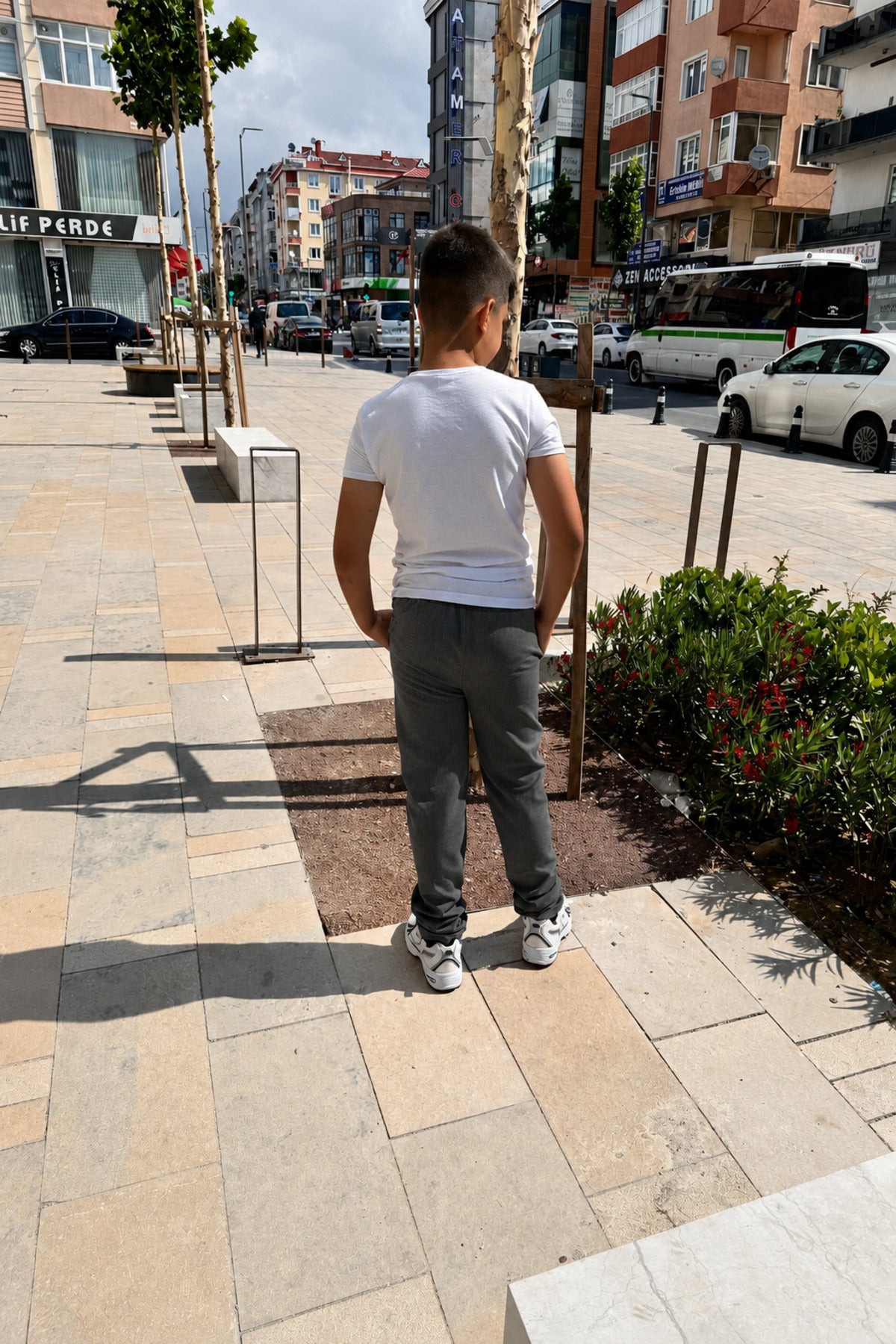 Çocuk Likralı Füme Beli Ribana Lastikli Okul Pantolonu - Antasit Melanj - 3