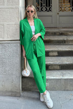 Kadın Dökümlü Bürümcük Yazlık Palazzo Trend Kimono Takım - Yeşil - 1