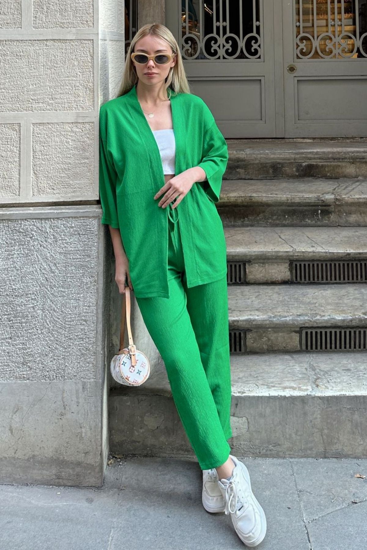 Kadın Dökümlü Bürümcük Yazlık Palazzo Trend Kimono Takım - Yeşil - 1