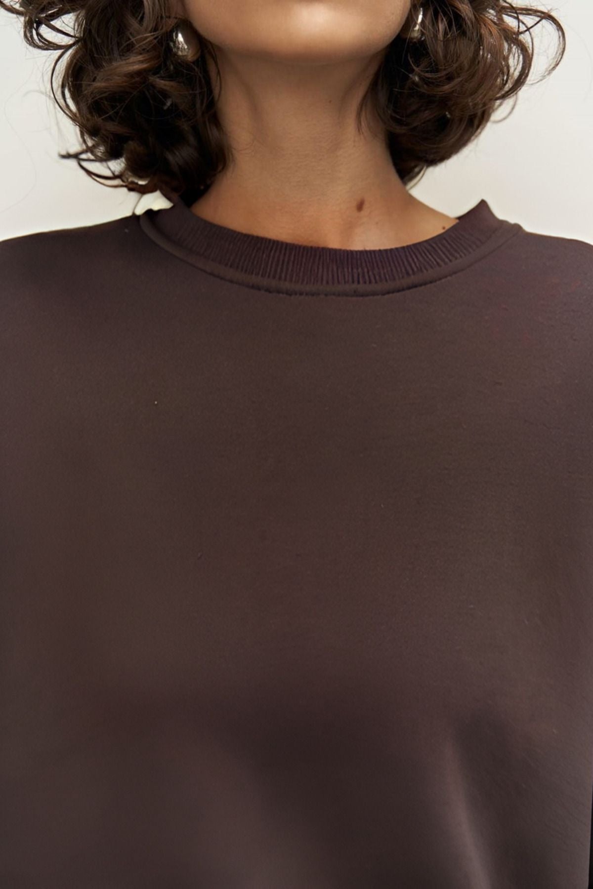 Kadın Oversize Rahat Kalıp Bisiklet Yaka Eşofman Takıım - Kahverengi - 7
