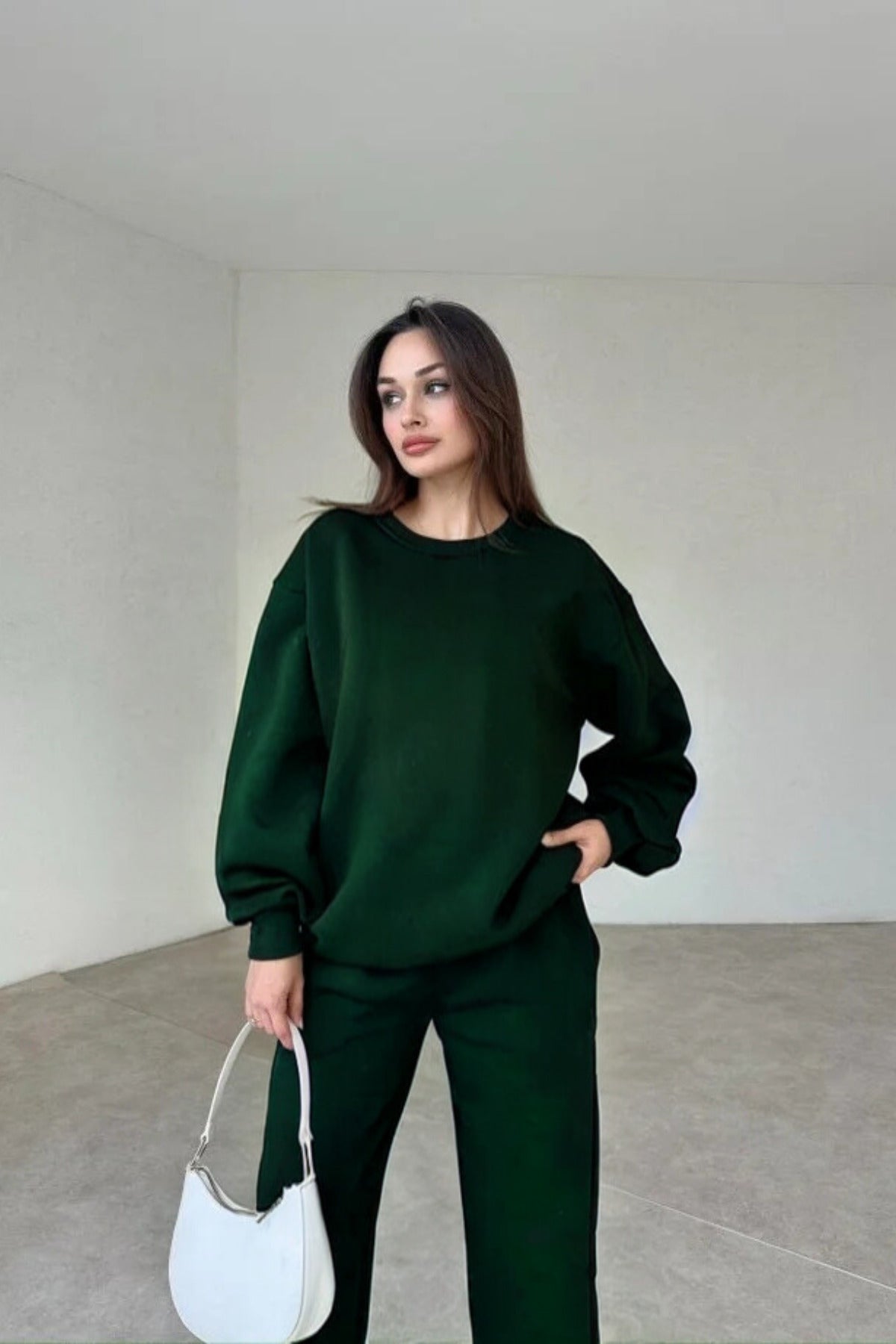 Kadın 3 İ̇plik Oversize Bisiklet Yaka Eşofman Takımı - Koyu Yeşil - 2