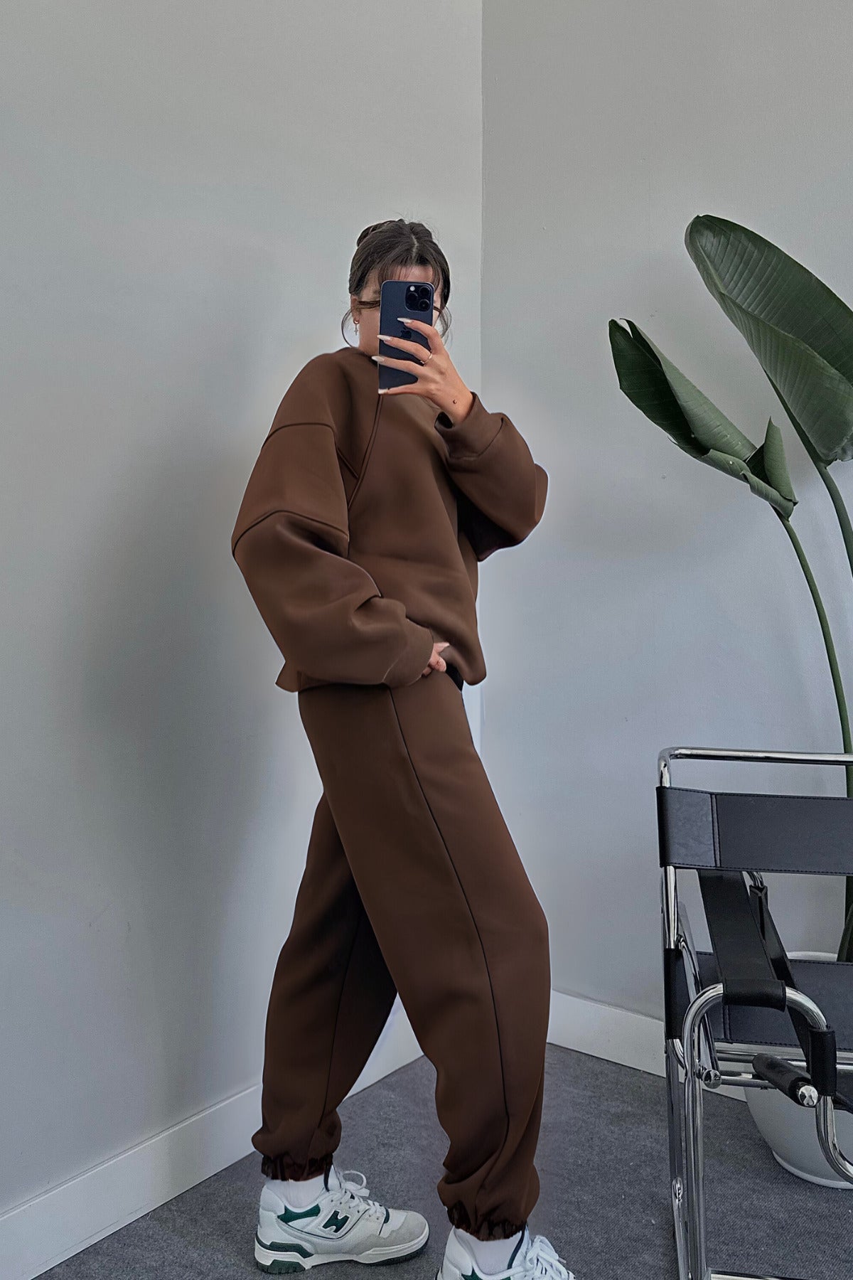 Kadın Bisiklet Yaka Şık Premium Model Basic Eşofman Takımı - Kahverengi - 2