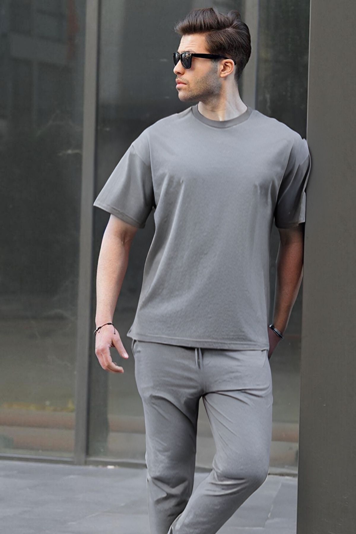 Erkek Rahat Yazlık Penye Oversize T-shirt Pijama Takımı - Füme - 1