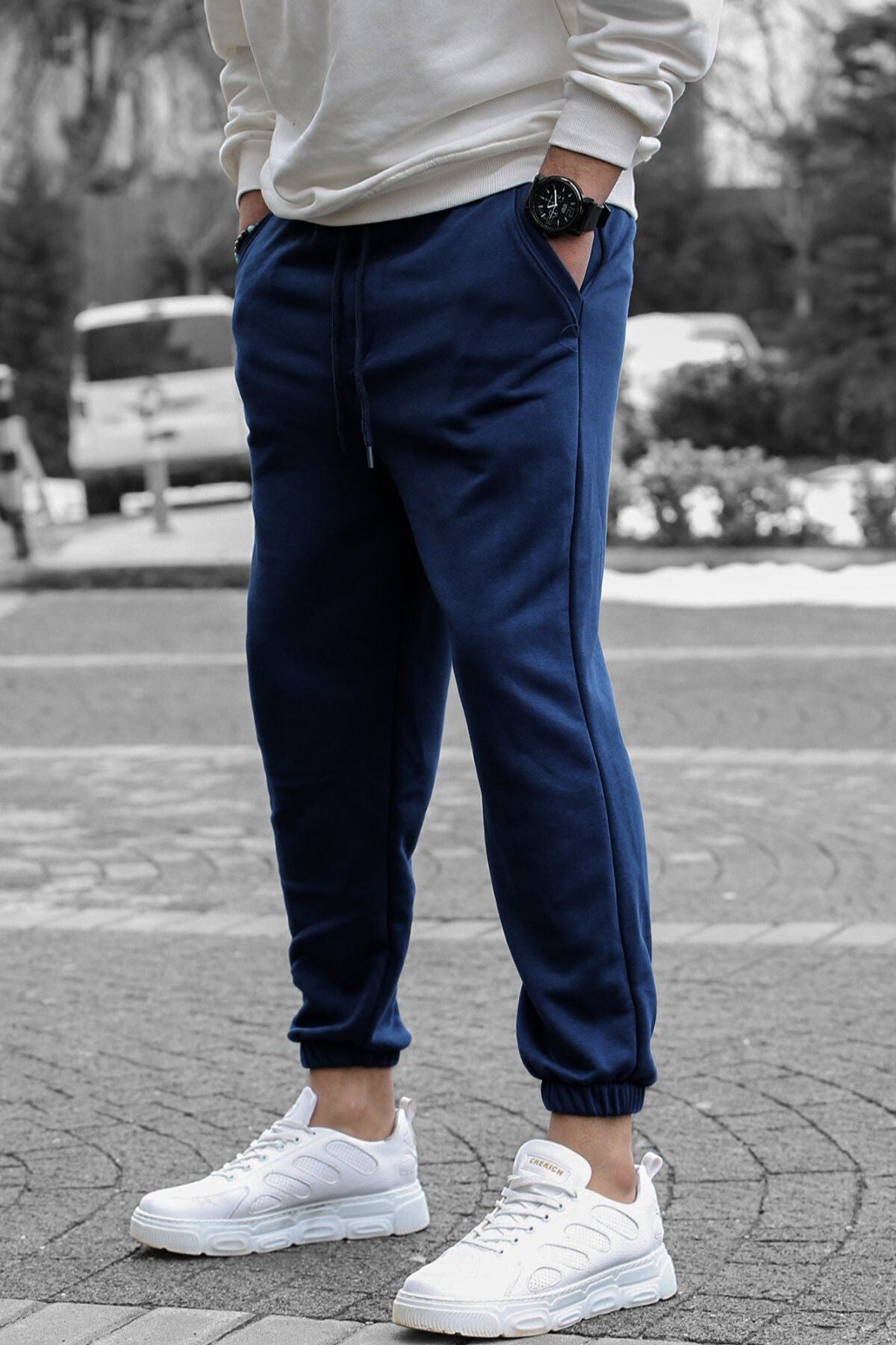 Erkek Jogger Şardonlu Beli Lastikli Cepli 3 İ̇plik Eşofman Altı - Lacivert - 3