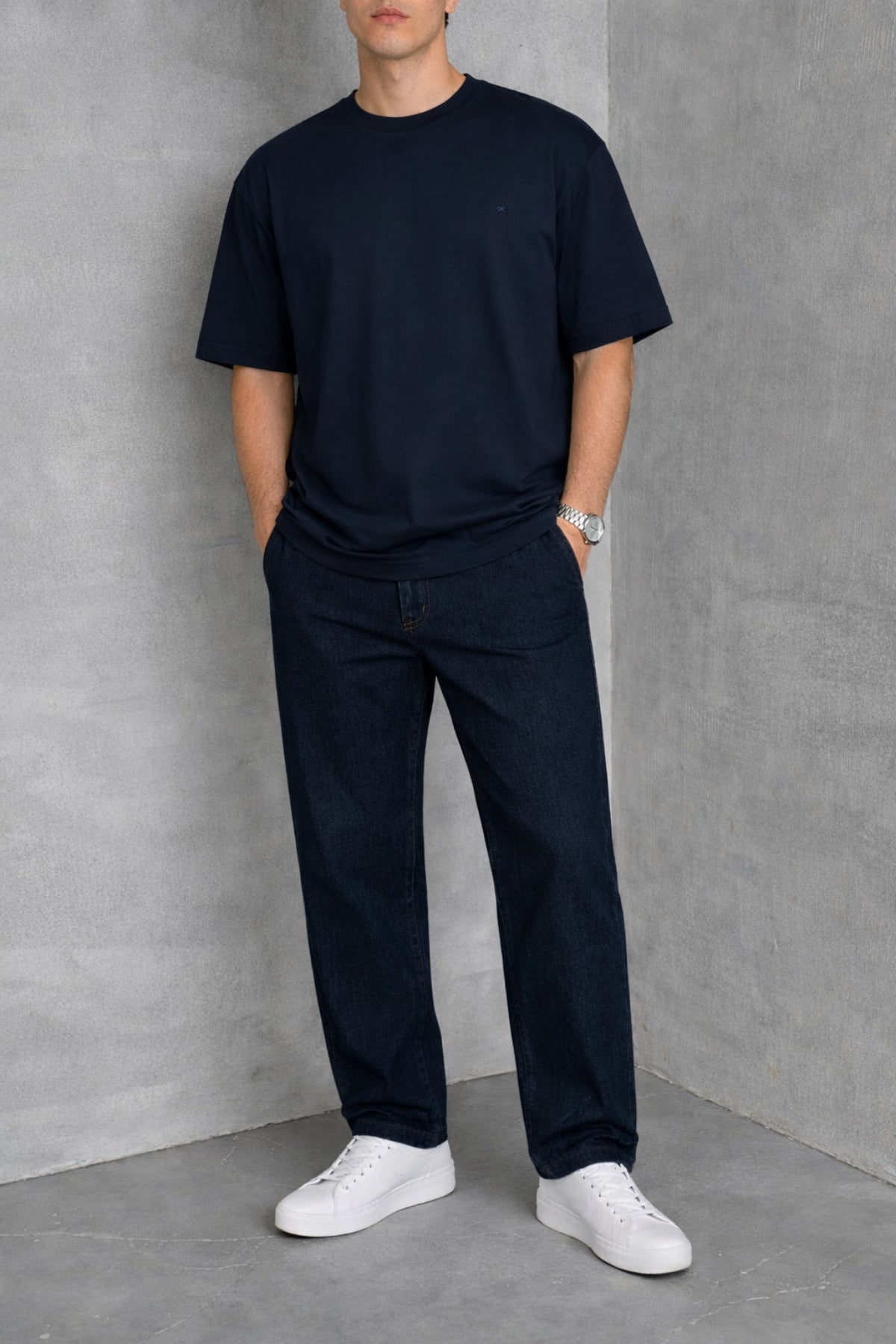 Erkek Siyah Basic Oversize Tişört Rahat Kalıp Düz Minimal Pamuklu Günlük T-shirt - Lacivert - 3