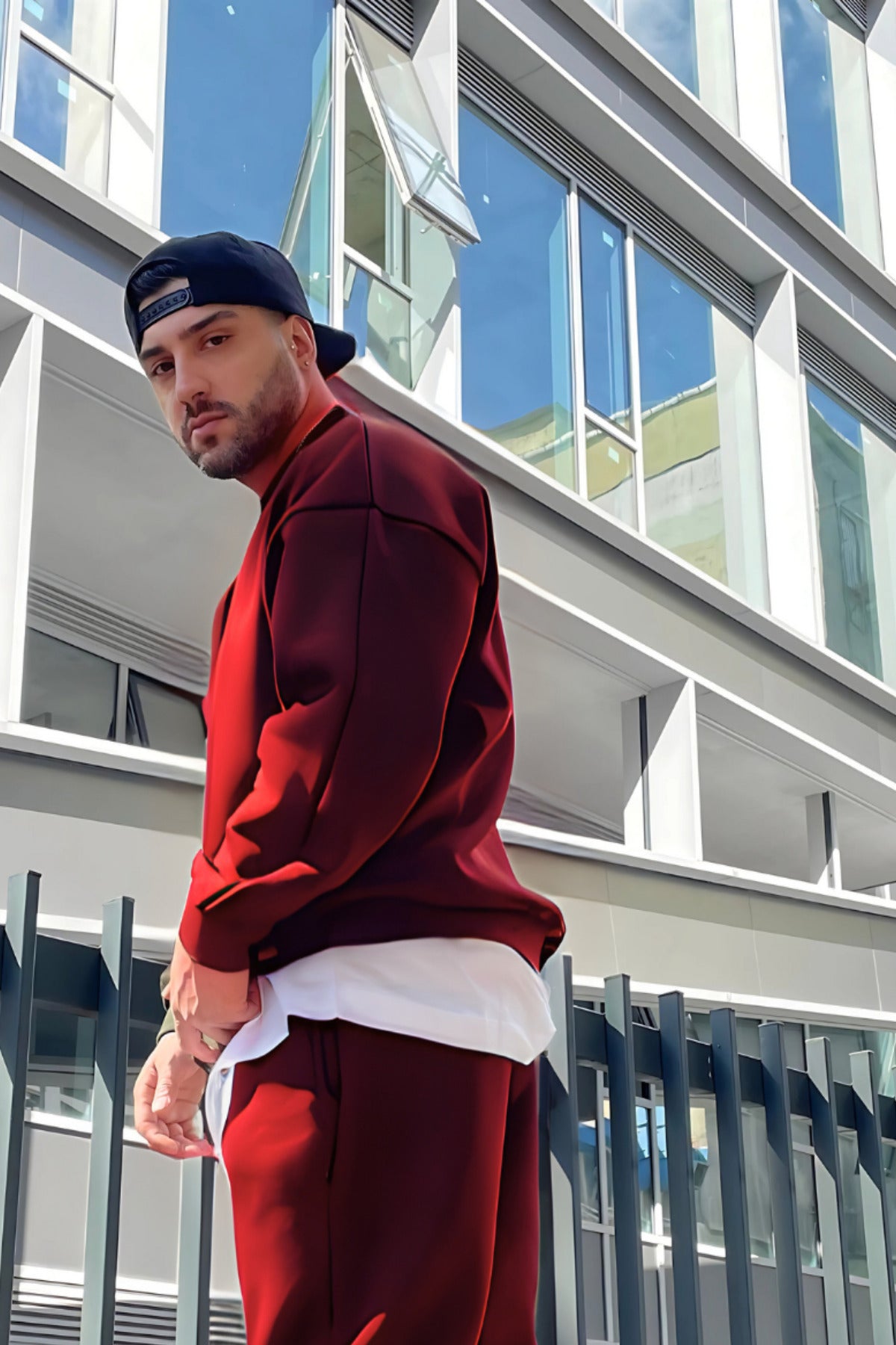 Erkek Oversize 3 İ̇plik İ̇çi Pamuklu Uzun Kollu Bisiklet Yaka Kazak - Bordo - 2