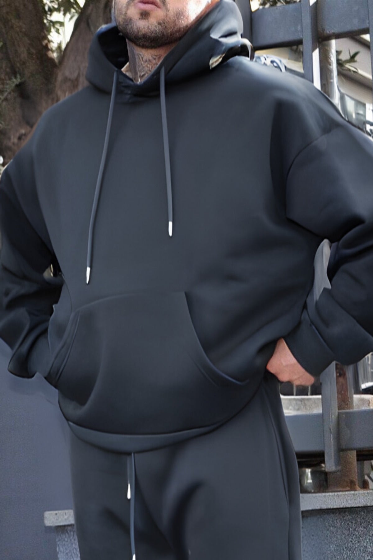 Erkek Oversize 3 İ̇plik Pamuklu Şardonlu Kanguru Cep Kapşonlu Kalın Hoodie Sweatshirt - Füme - 2