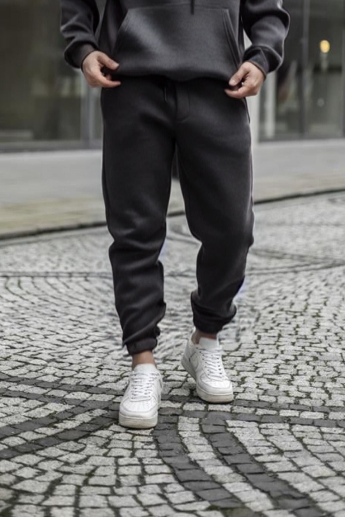 Bay Füme Beli Lastikli 3 İplik Streetwear Eşofman Altı - Füme - 2