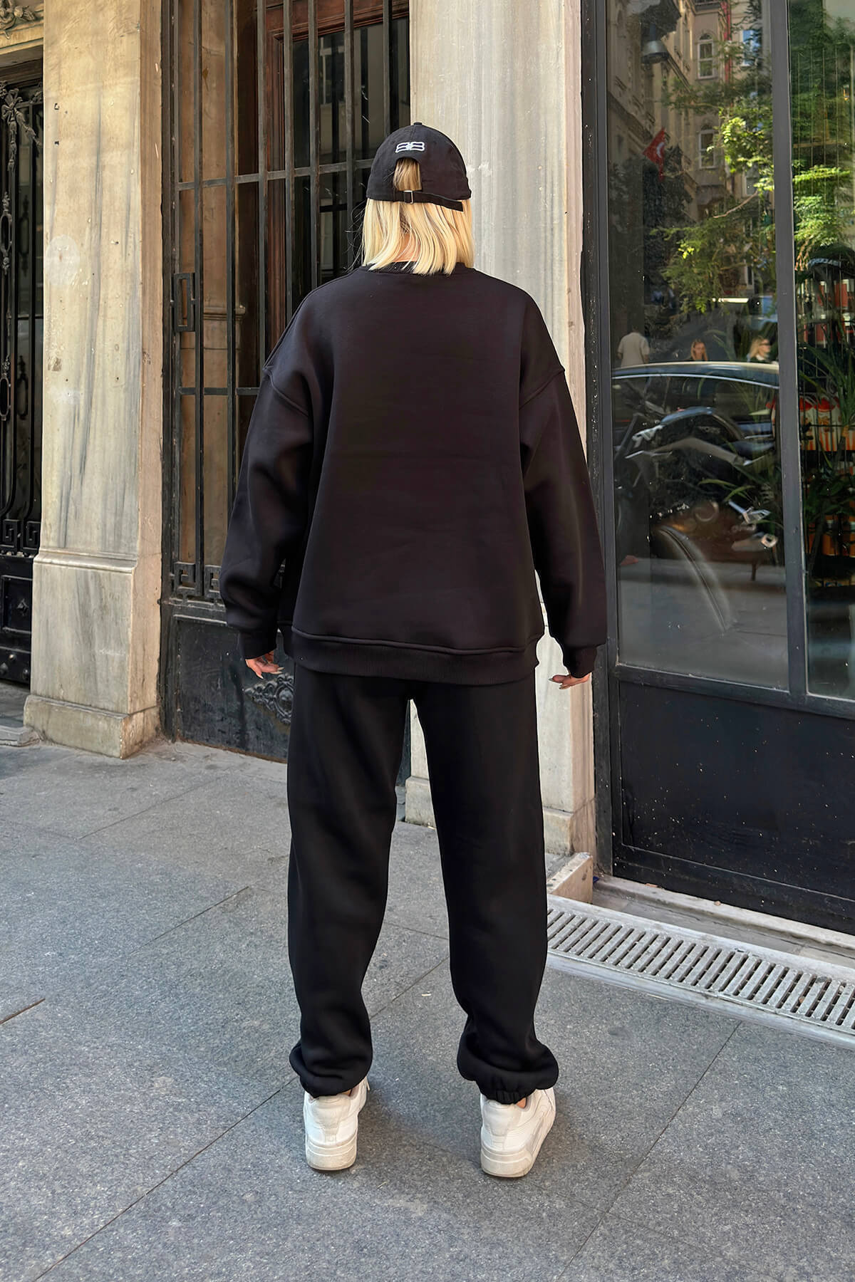 Oversize İçi Tüylü Bisiklet Yaka Eşofman Takımı - Siyah - 5