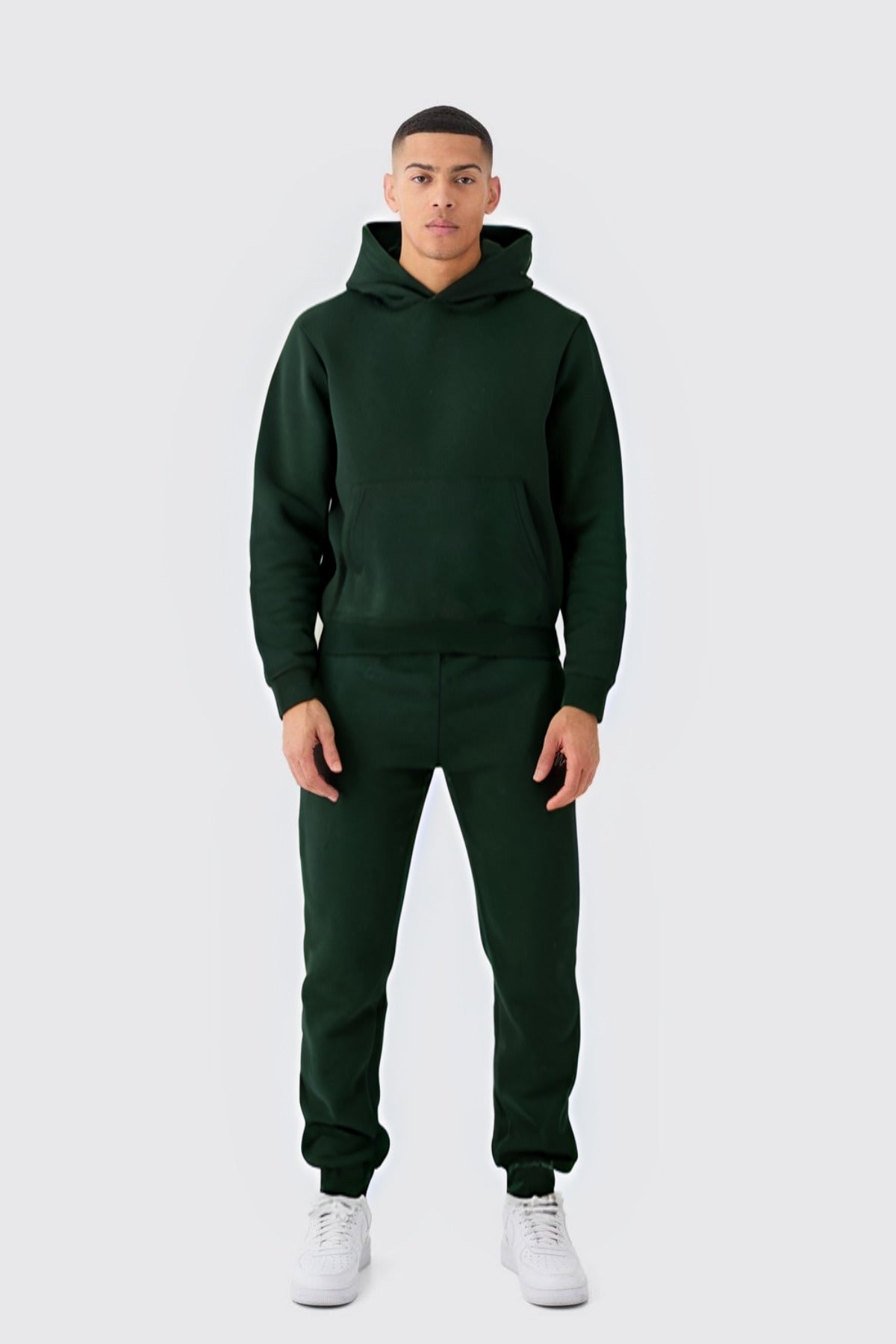 Erkek Kapüşonlu Kanguru Cep Oversize 3 İ̇plik İ̇çi Pamuklu Jogger Paça Eşofman Takımı - Koyu Yeşil - 1