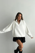 Unisex 3 İ̇plik Şardonlu Oversize Yarım Fermuarlı Sweatshirt - Beyaz - 1