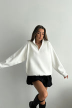 Unisex 3 İ̇plik Şardonlu Oversize Yarım Fermuarlı Sweatshirt - Beyaz - 1