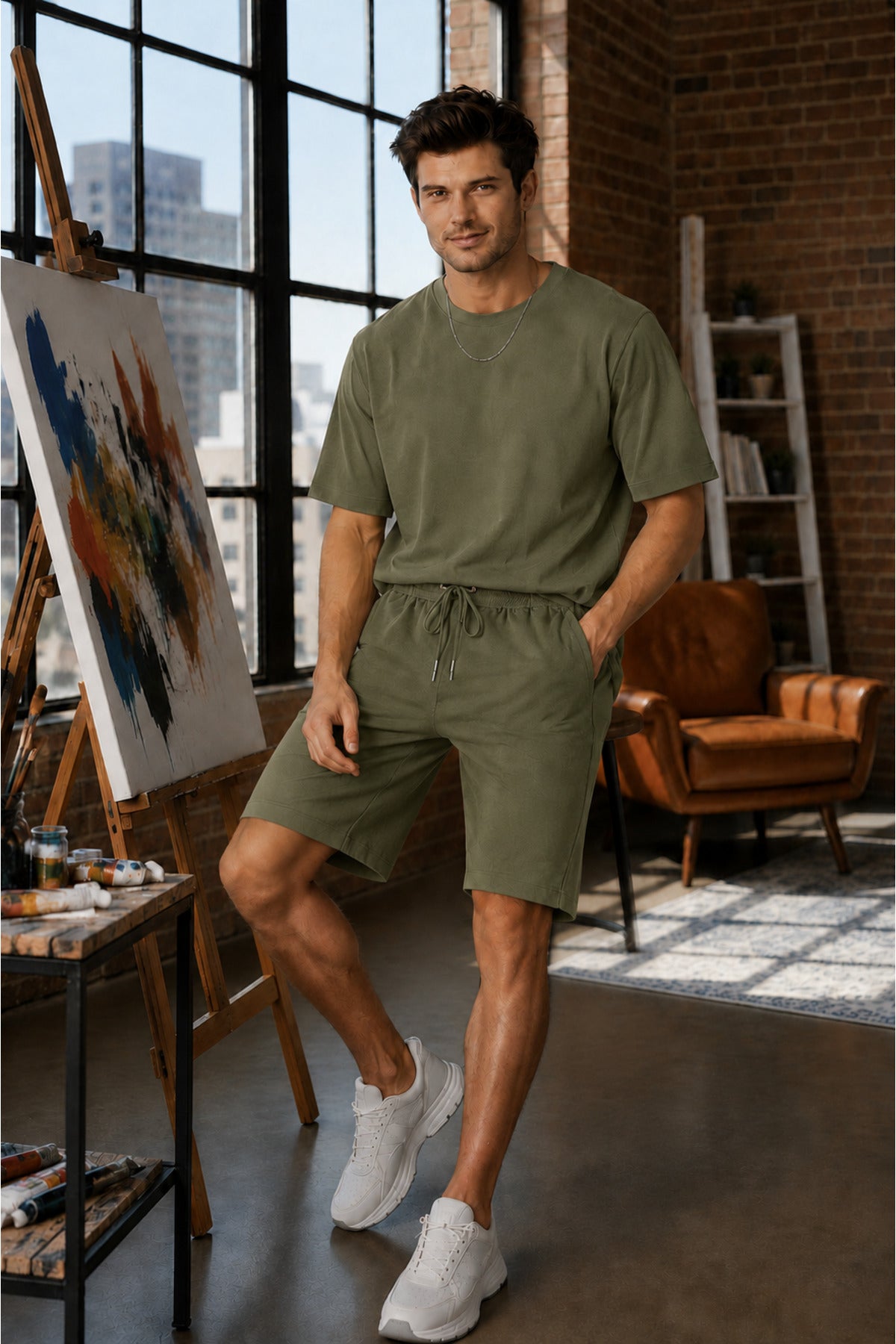 Erkek Modern Ressam Stili Sanat Atölyesi Konseptli Oversize Şortlu Rahat Takım - Yeşil - 2