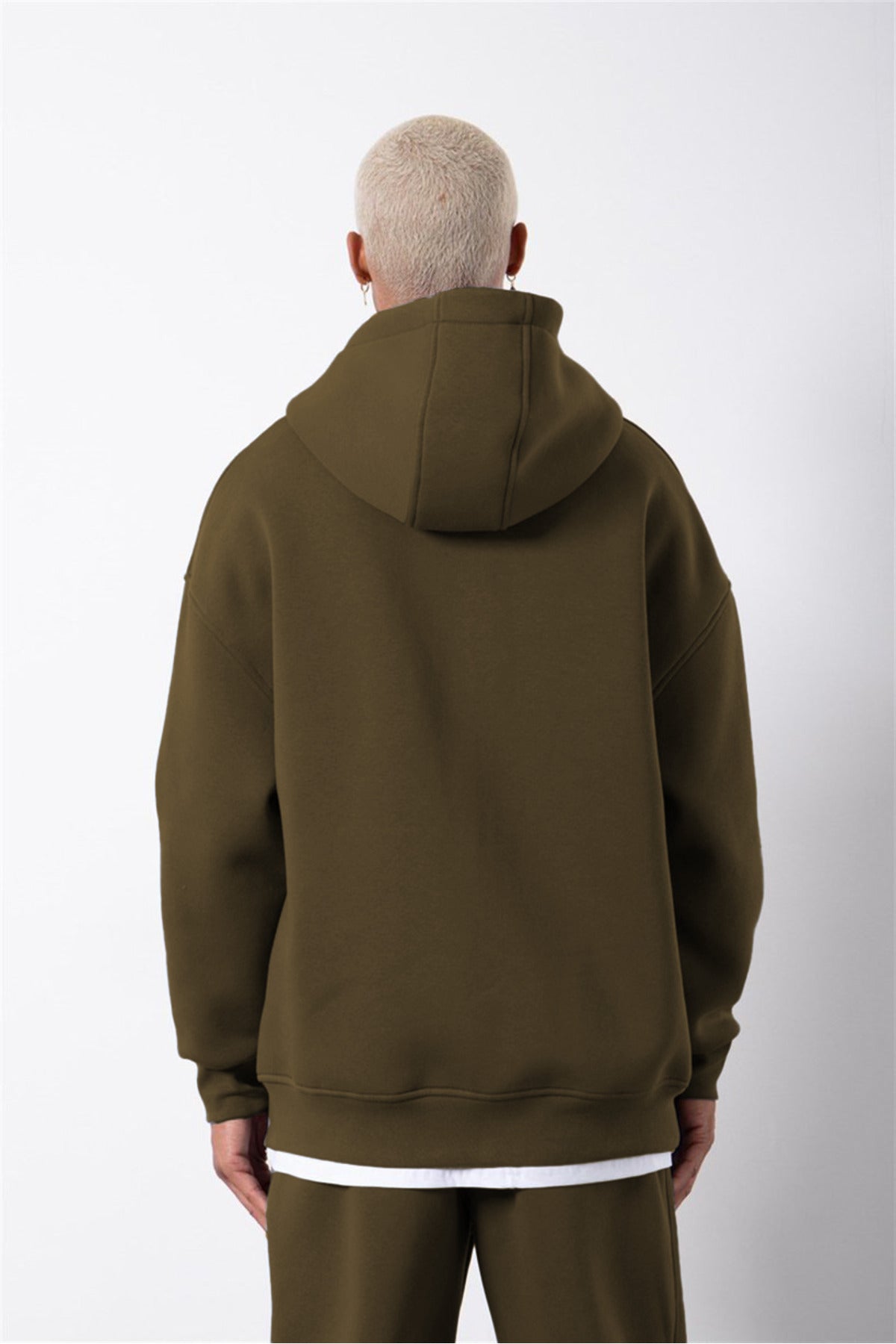 Erkek Haki̇ Fermuarlı Kapşonlu Kanguru Cep Basic Sweatshirt Hırka - Haki - 2