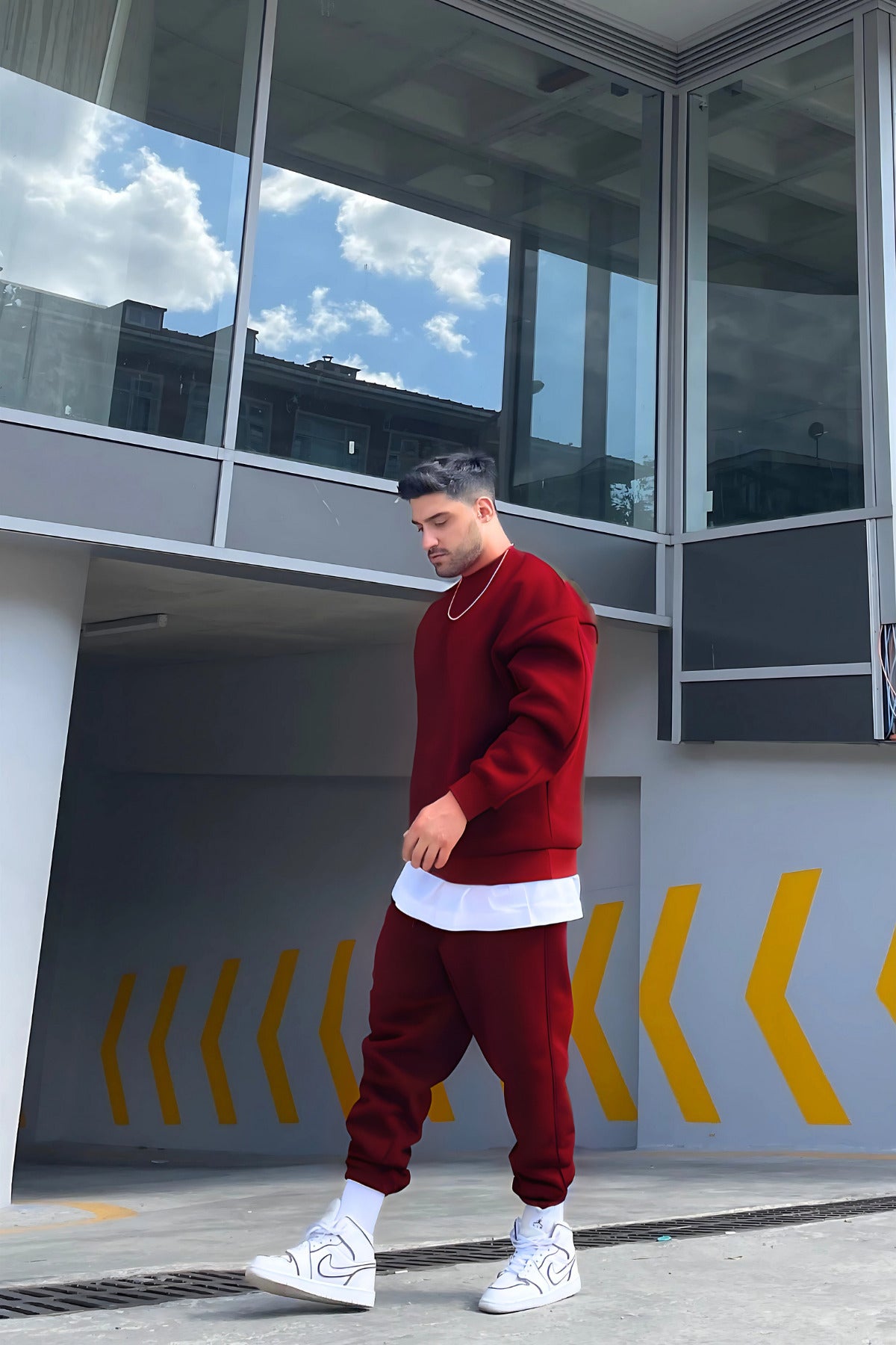 Oversize Pamuklu Kalın Bisikletyaka Eşofman Takımı - Bordo - 3