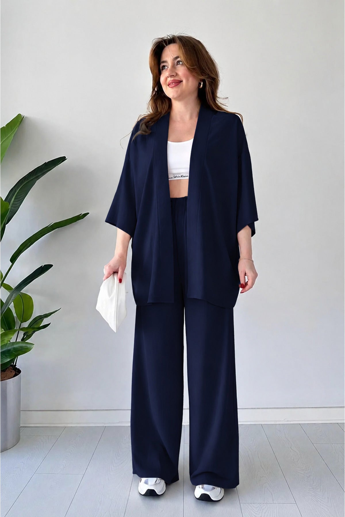 Kadın Salaş Dökümlü Bürümcük Palazzo Yazlık Kimono Takım - Lacivert - 1