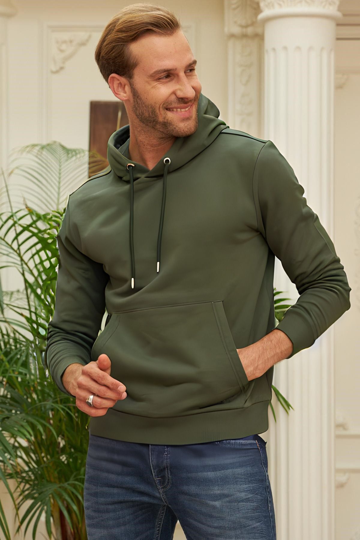 Erkek Kapşonlu Kanguru Cep Basic Sweatshirt - Haki - 3