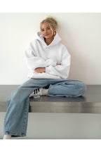 Oversize Kapşonlu Basic Baskısız Okul Sweatshirt - Beyaz - 2