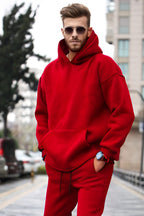 Erkek 3 İplik Kapşonlu Yaka Kalın Sweatshirt Pamuklu - Kırmızı - 1