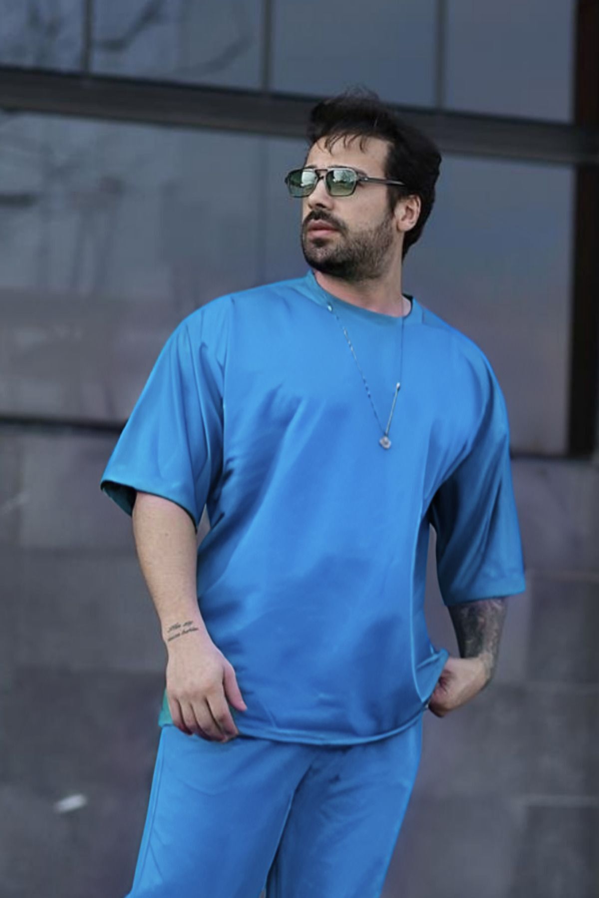 Erkek Oversize Pamuklu Nefes Alan T-shirt - İndigo - 1