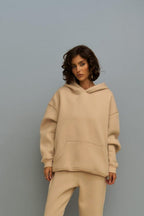 Kadın 3 İ̇plik İ̇çi Pamuklu Kanguru Cep Regular İ̇çi Pamuklu Oversize Sweatshirt - Vizon - 1