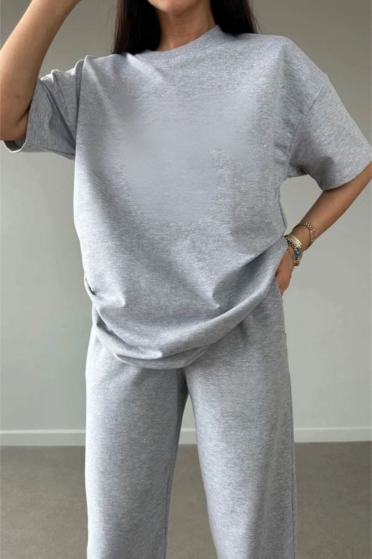 Kadın Kısa Kollu Penye Pijama Takımı Oversize Bisiklet Yaka - Gri - 2