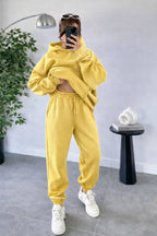 Kadın Oversize Trend Model Kanguru Cep Kapşonlu Sweatshirt Eşofman Takımı - Sarı - 1