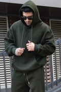 Erkek Oversize 3 İ̇plik Pamuklu Şardonlu Kanguru Cep Kapşonlu Kalın Hoodie Sweatshirt - Haki - 1