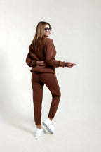 Sweatshirt Jogger Beli Ve Paçası Lastikli Kadın 3 İplik Eşofman Takımı Pamuklu - Kahverengi - 5