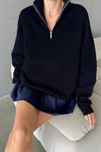 Unisex 3 İ̇plik Şardonlu Oversize Yarım Fermuarlı Sweatshirt - Siyah - 2