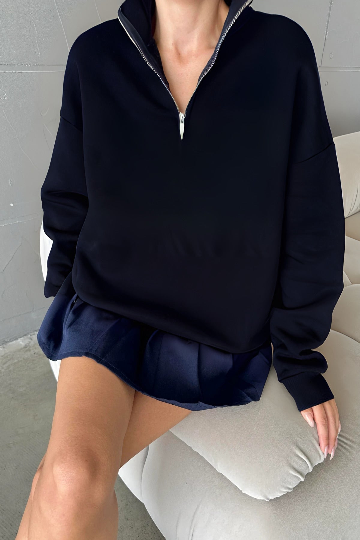 Unisex 3 İ̇plik Şardonlu Oversize Yarım Fermuarlı Sweatshirt - Siyah - 2