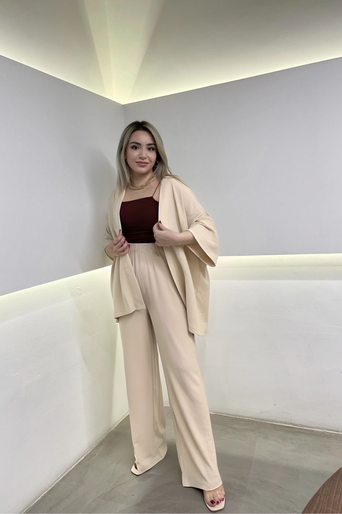 Kadın Bol Paça Bej Kimono Alt Üst Takım - Bej - 1