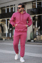 Erkek Bol Oversize 3 İ̇plik İ̇çi Pamuklu Kanguru Cep Kapşonlu Lastikli Paça Jogger Kış Eşofman Takımı - Mürdüm Melanj - 1