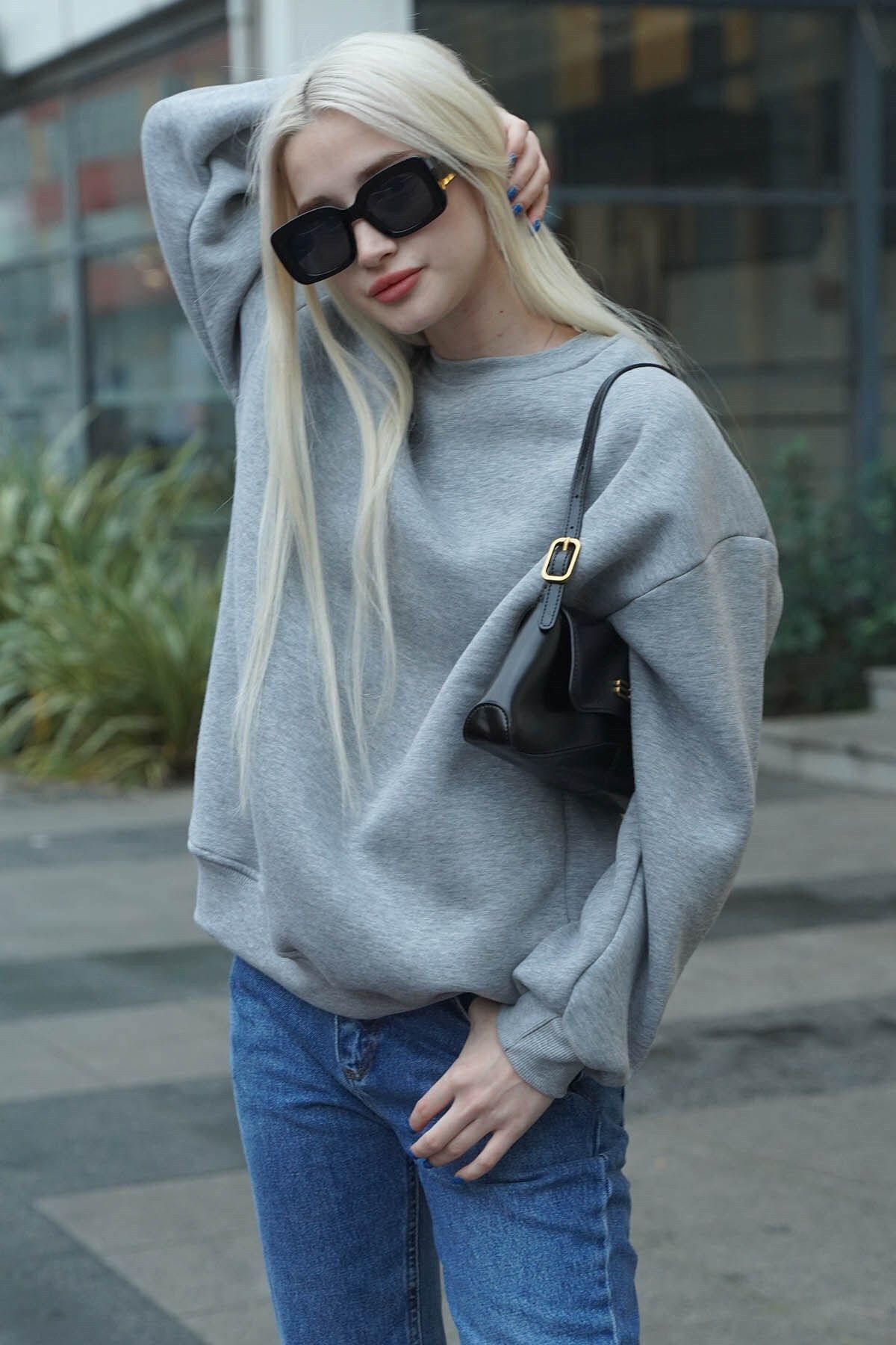 Kadın Gri Melanj Uzun Kollu Sweatshirt Bisiklet Yaka Oversize Basic - Gri Melanj - 1