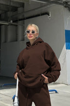 Kadın Oversize Şardonlu Kalın Mevsimlik Sweatshirt - Kahverengi - 1